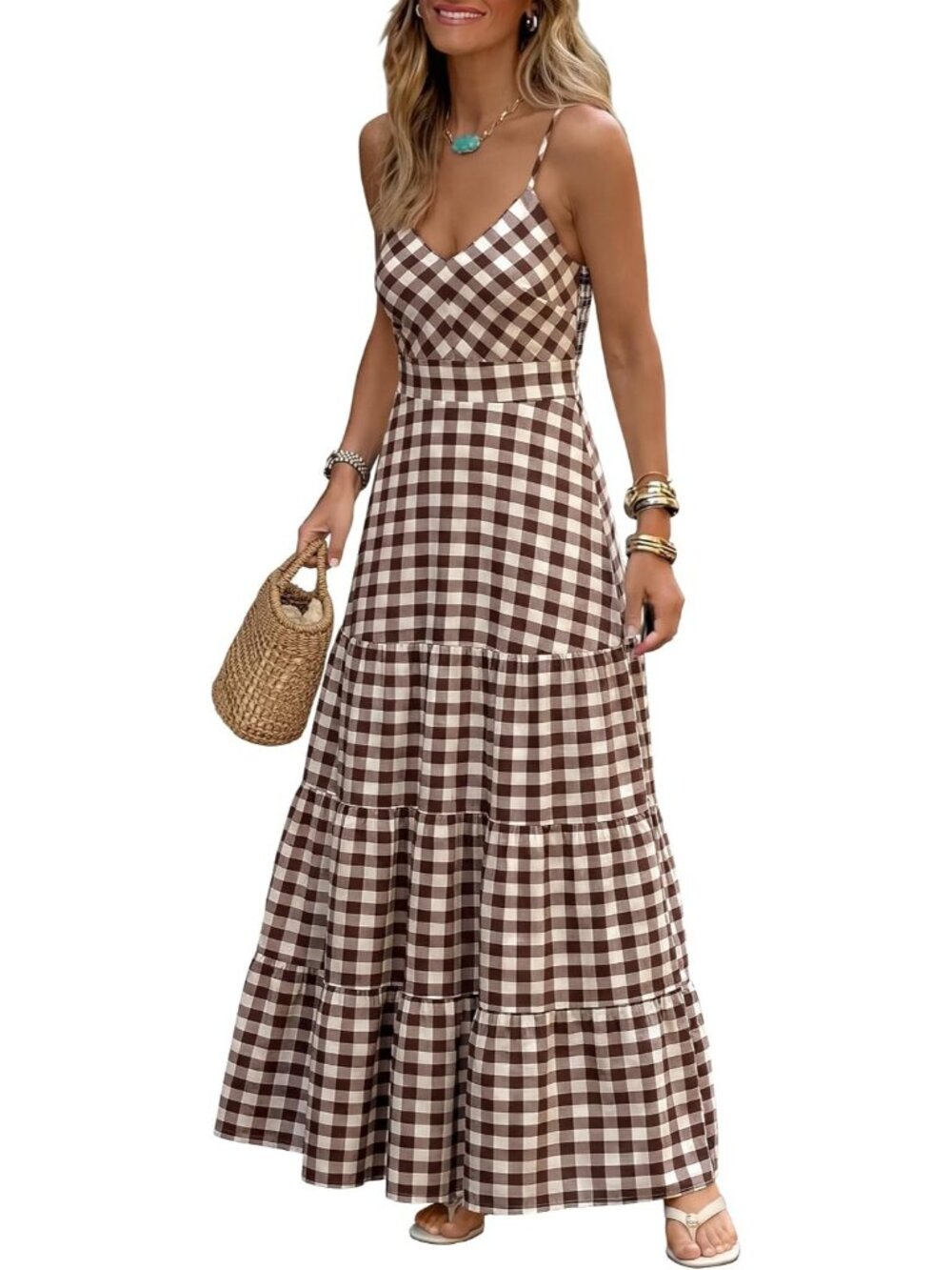 〽️Women's Brown White Plaid Maxi Dress V Neck Spaghetti Strap Smocked Pockets